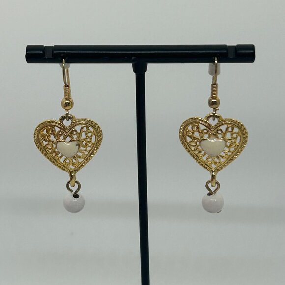 Vintage Gold-Tone Heart Drop Earrings With White Accents & Filigree Design - Picture 15 of 16